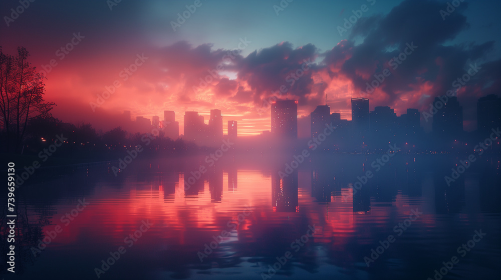 Twilight descends on the city with a mystic array of red and purple hues reflecting off the calm waters, creating a mirror image of the urban silhouette.