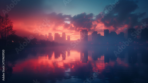 Twilight descends on the city with a mystic array of red and purple hues reflecting off the calm waters, creating a mirror image of the urban silhouette.