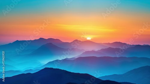 The sun sets in a radiant display of colors, casting layers of silhouettes over the undulating mountain ranges.