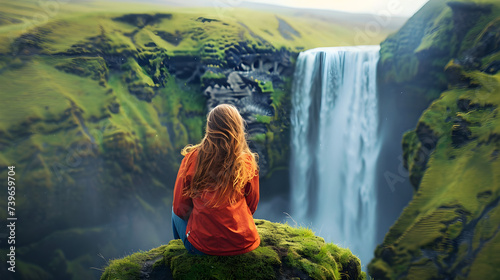 Women Overlooking Waterfall At Skogafoss Lcel, Traveling, Tour Day, Generative Ai