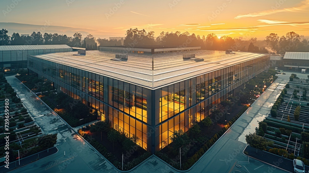 Obraz premium Modern covered vegetable factory, rectangular in shape, modern glass roof, modern parking outside, outside aerial view. Generative AI.