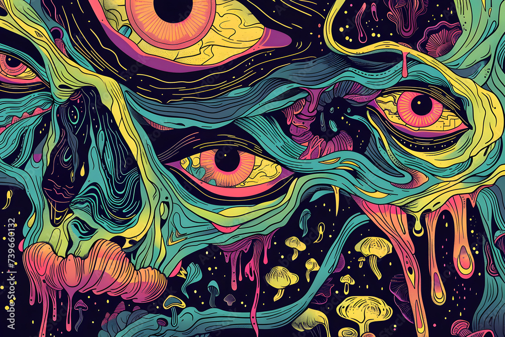 Trippy illustration of the inside of the mind, trippy thoughts, colorful art illustration of our human fantasy