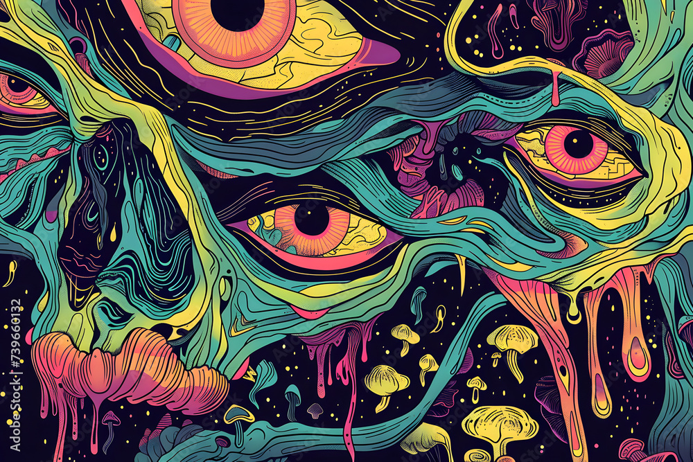 Trippy illustration of the inside of the mind, trippy thoughts, colorful art illustration of our human fantasy Trippy illustration of the inside of the mind, trippy thoughts, colorful art illustration of our human fantasy
