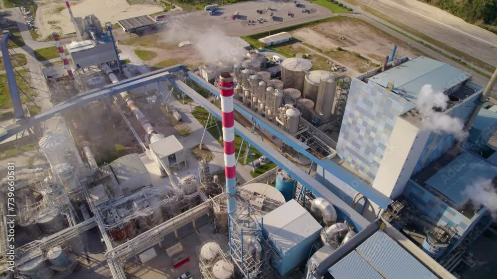 Aerial tilt-down shot of a big industrial plant on a sunny day - bird's eye view of a modern cellulose factory Aerial tilt-down shot of a big industrial plant on a sunny day - bird's eye view of a modern cellulose factory