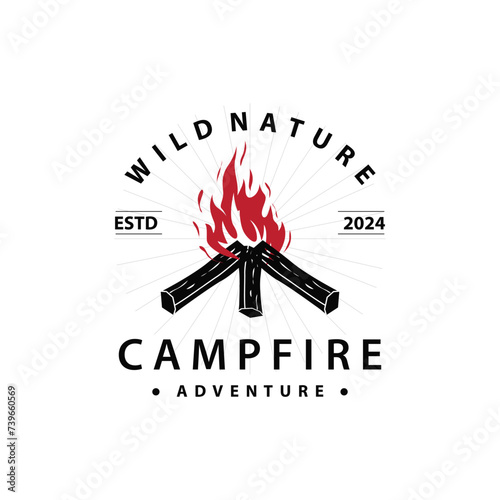 Design wood and fire, logo campfire bonfire vector camping adventure vintage illustration