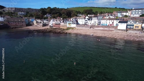 People Swimming at Kingsand in Torpoint, Cornwall During Summer's Day. Aerial Drone Shot Overhead. photo