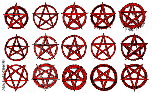 set red pentagram symbol. invert Pentacle icon. satanic sign grunge gothic tattoo design vector illustration photo