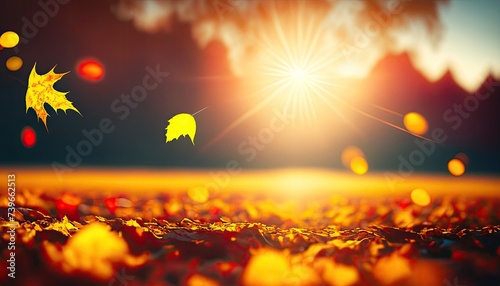 Lively closeup of falling autumn leaves with vibrant backlight from the setting sun