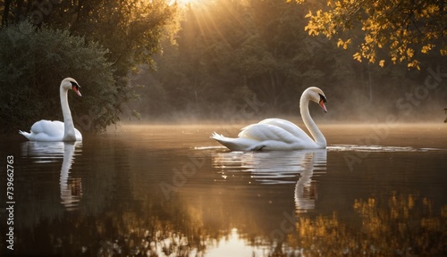 a swans in the water at sunset. Generative AI.