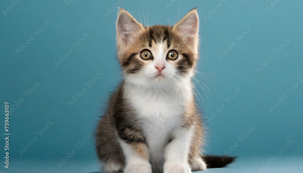 Cute baby tabby kitten isolated on blue background