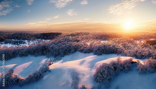 Idyllic winter landscape at sunset. View from above