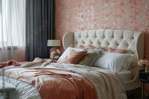 a modern bedroom in a pink interior wallpaper with floral ornaments
