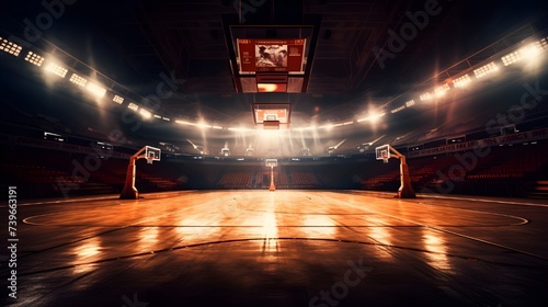 Indoor basketball court with spotlights