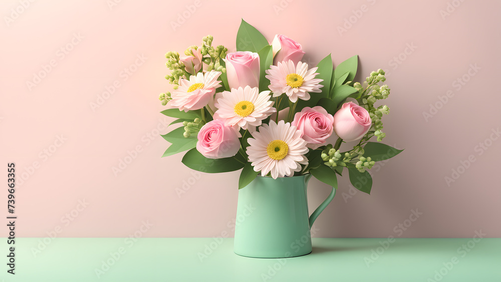 3D Bouquet Flower in Porcelain Ceramic Vase Isolated on Green Pastel Background. Floral Element Decoration Idea for Birthday, Mother's Day, Valentine's Day.
