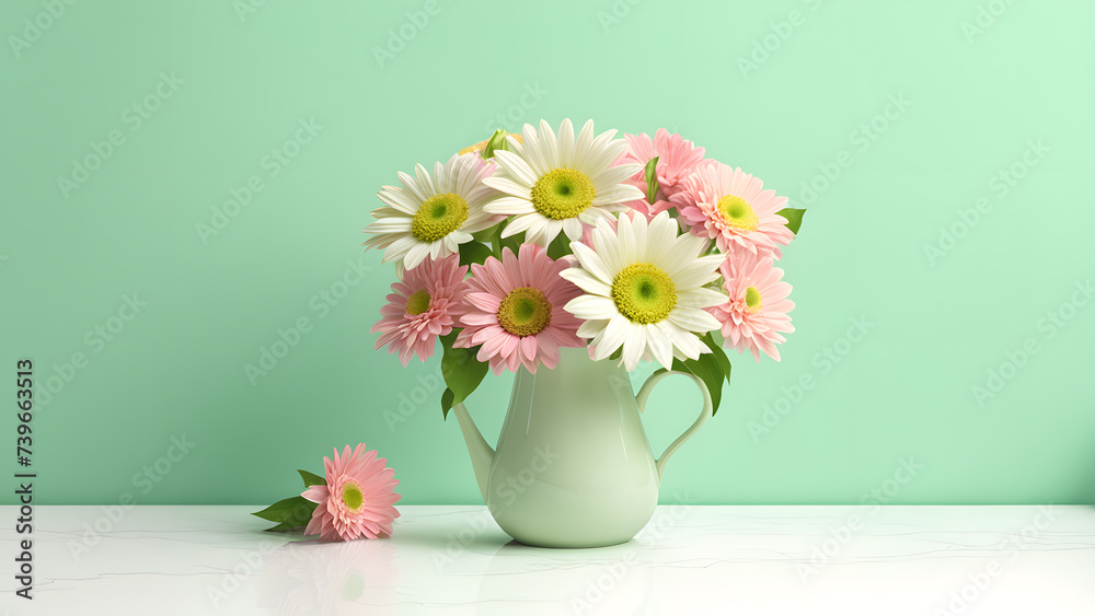 3D Bouquet Flower Held in Porcelain Ceramic Vase on Green Pastel Background. Floral Element Decoration Concept for Birthday, Mother's Day, Valentine's Day.