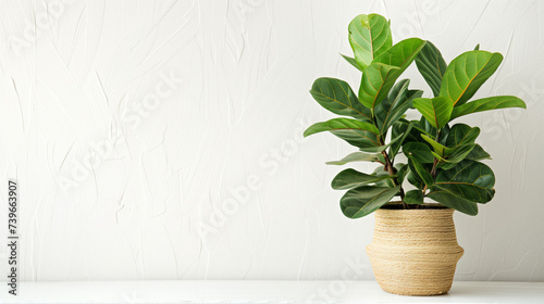 Lush green fiddle leaf fig plant in a woven pot against a white textured background with copy space, ideal for home decor or plant care blogs