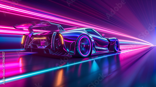 Futuristic sports car with neon lights speeding on a motion-blurred highway, suggesting high-speed and advanced technology, suitable for backgrounds or tech concept illustrations