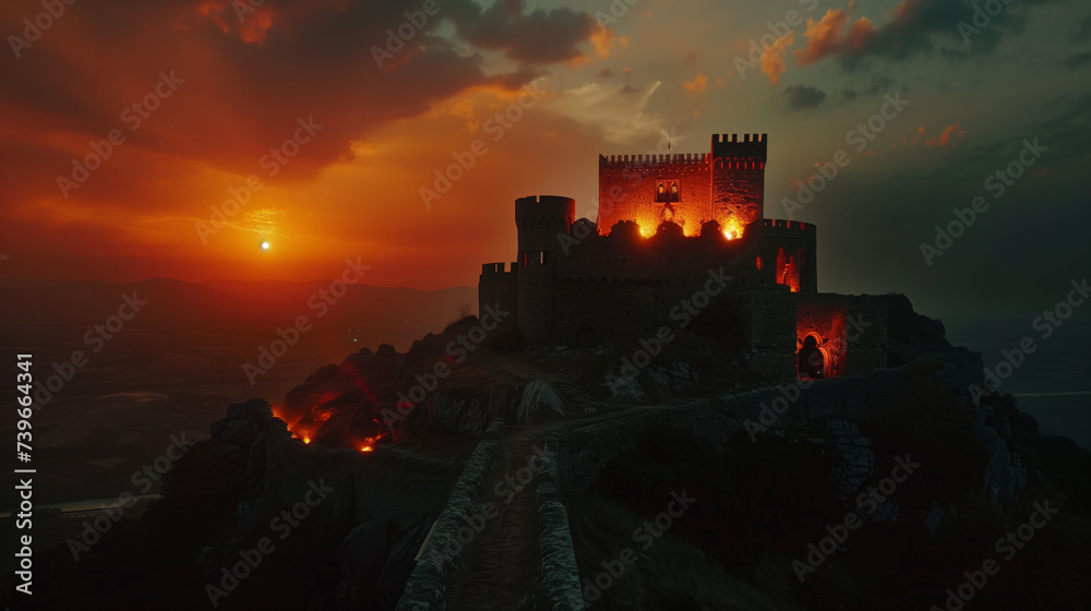 Majestic medieval castle illuminated with fiery torches against a dramatic sunset sky, ideal for historical concepts or fantasy backgrounds