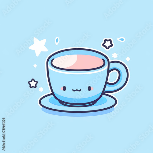 Cute Kawaii Blue Coffee Mug  Cartoon  Flat Illustration Vector