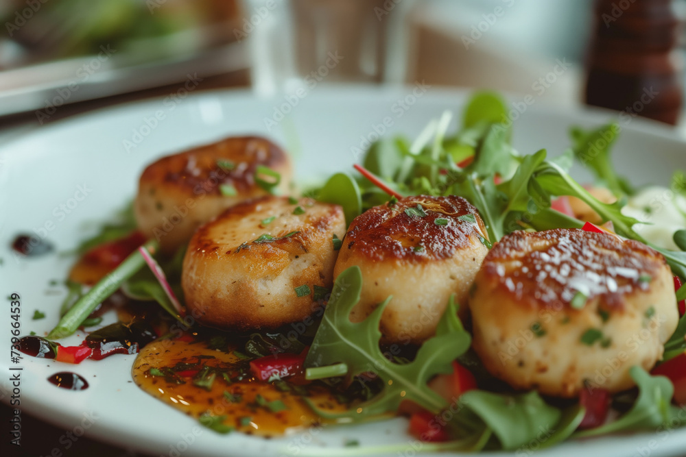 Gourmet seared scallops served on a white plate with fresh salad, drizzled with a balsamic glaze, ideal for culinary concepts or restaurant menus Gourmet seared scallops served on a white plate with fresh salad, drizzled with a balsamic glaze, ideal for culinary concepts or restaurant menus