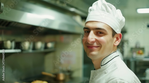 portrait of happy male chef, wearing his white uniform in hotel kitchen, copy space