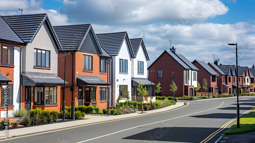 Newly constructed houses on a recently developed residential area in England. Modern and brand-new dwellings suitable for families. Positive portrayal of the housing and property market. photo