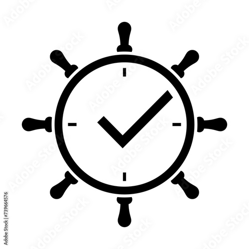 Logo Design Vector Illustration Steering Wheel Alarm Clock and Checkmark. For business Maritim, Ocean, Yacth, Ship, Cruise travel, Finance etc