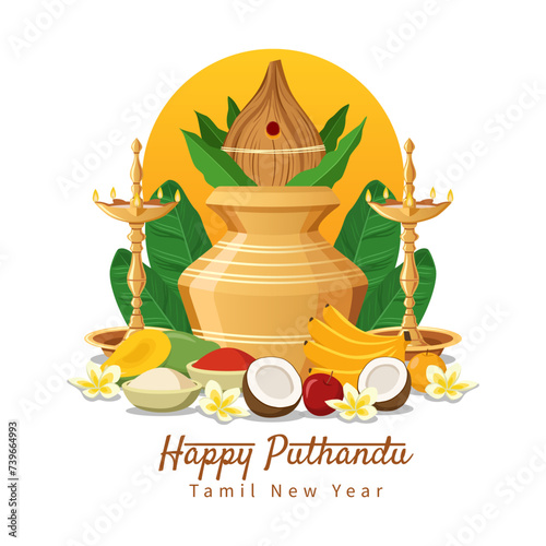 Flat illustration of Puthandu Vaztukhal, Tamil New Year with fruits and kalash coconut