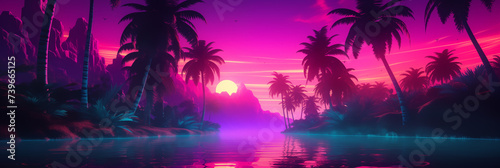 Sunset on the beach with neon color style look, Illustration. © AI-Stocks
