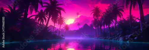 Sunset on the beach with neon color style look, Illustration.
