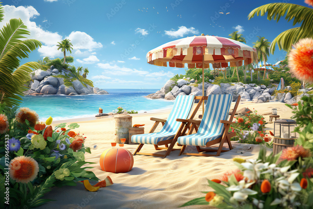 3d rendering of Summer, the hottest season. This magical time of year brings sunshine and relaxation, Summer is filled with symbols of relaxing beaches