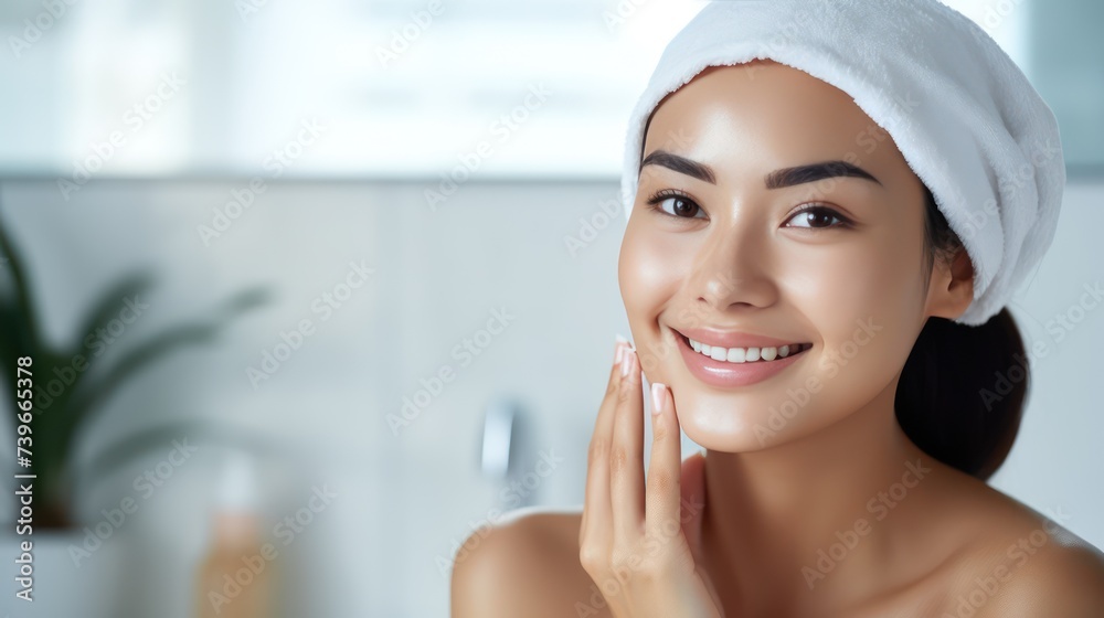 A Closeup head shot of a young beautiful Asian woman applying facial moisturizer after bathing. Smiling beautiful woman wrapped in towel to smooth her skin Daily routine in the morning. A Closeup head shot of a young beautiful Asian woman applying facial moisturizer after bathing. Smiling beautiful woman wrapped in towel to smooth her skin Daily routine in the morning.