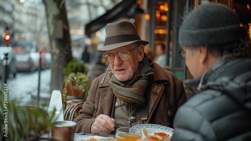 An older gentleman confidently ordering in French at a charming bistro impressing the waiter with his pronunciation and fluency.