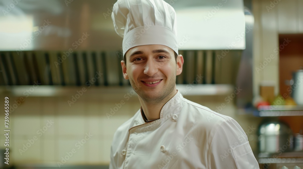 A portrait of a Handsome chef, dressed in his white uniform, in a hotel kitchen