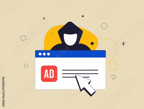 Advertising campaigns with AD fraud prevention, secure ads, detect click fraud risk and fake ad traffic. Fraud-free marketing, protect online advertising. Vector illustration on business background