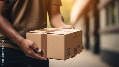 The hands of the delivery man carry the package to deliver. Delivery man's hand holding brown box, transport truck background Detail of a delivery man holding a labeled cardboard package.
