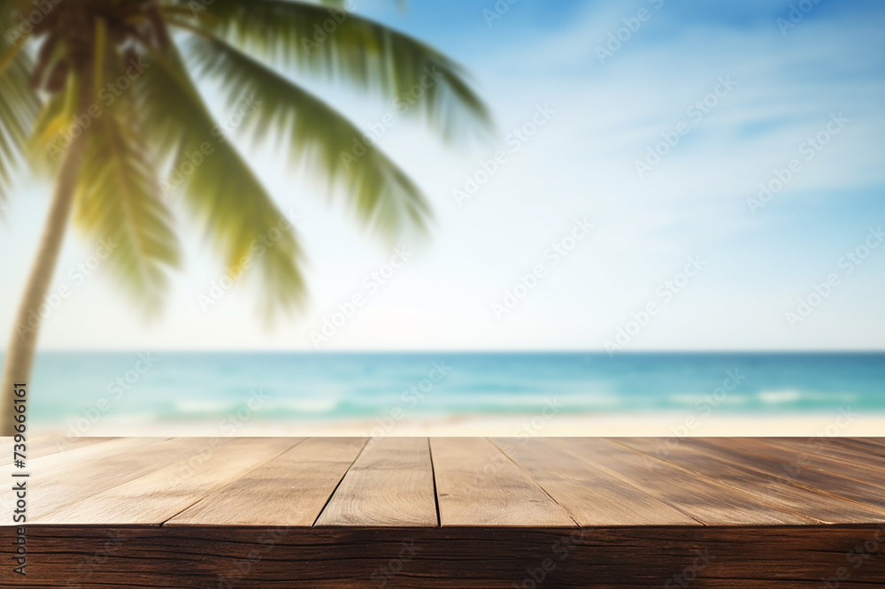 Top of wood table with seascape and palm tree, blur bokeh light of calm sea and sky at tropical beach background. summer vacation background concept.