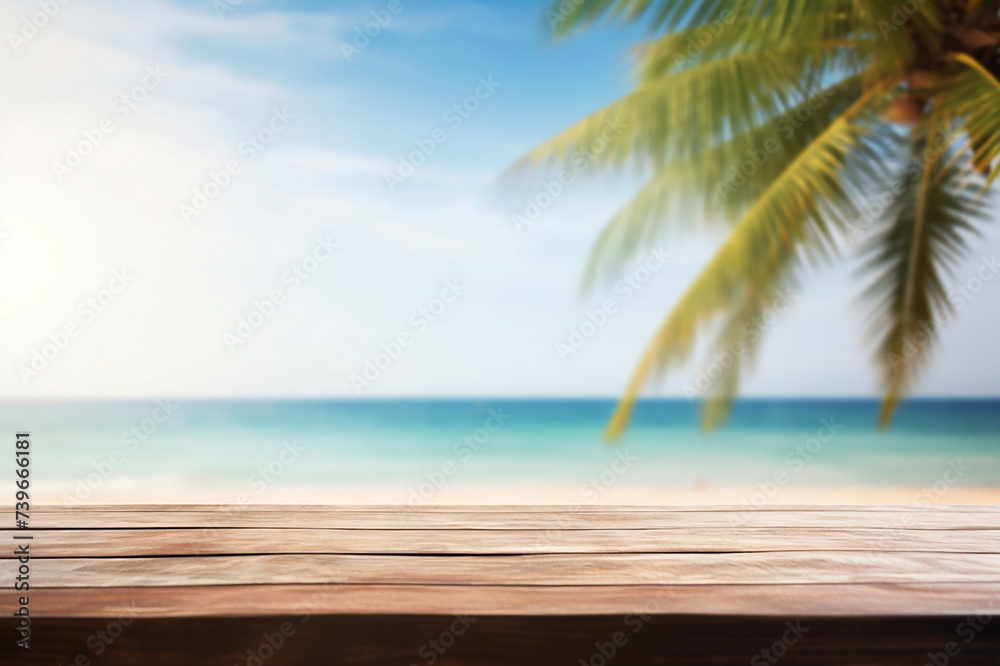 Top of wood table with seascape and palm tree, blur bokeh light of calm sea and sky at tropical beach background. summer vacation background concept. Top of wood table with seascape and palm tree, blur bokeh light of calm sea and sky at tropical beach background. summer vacation background concept.