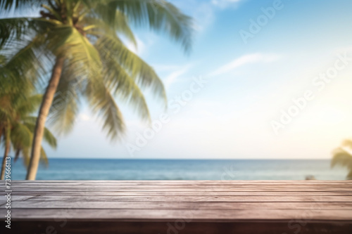 Top of wood table with seascape and palm tree  blur bokeh light of calm sea and sky at tropical beach background. summer vacation background concept.