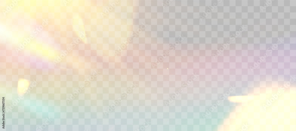 Obraz premium Blurred rainbow refraction overlay effect. Light lens prism effect on transparent background. Holographic reflection, crystal flare leak shadow overlay. Vector abstract illustration.
