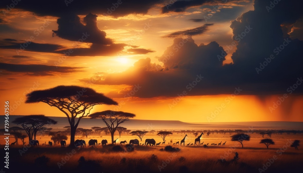 Majestic African Safari Landscape at Sunset with Wildlife