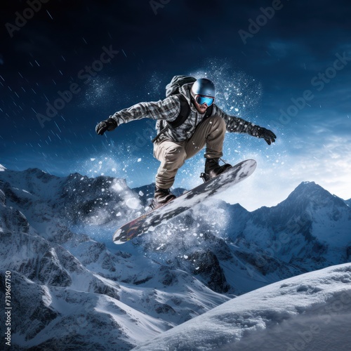 A Snowboarder launching off a jump. A winter sport on snow, ice and rock in the background, perfection.