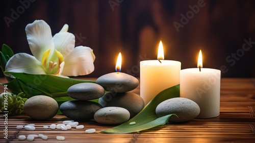 A Spa and health care services Decorated with candles  spa stones and salt on a wooden background. White towels with bamboo sticks and candles for relaxing spa massages and body treatments.