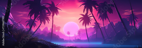 Sunset on the beach with neon color style look  Illustration.
