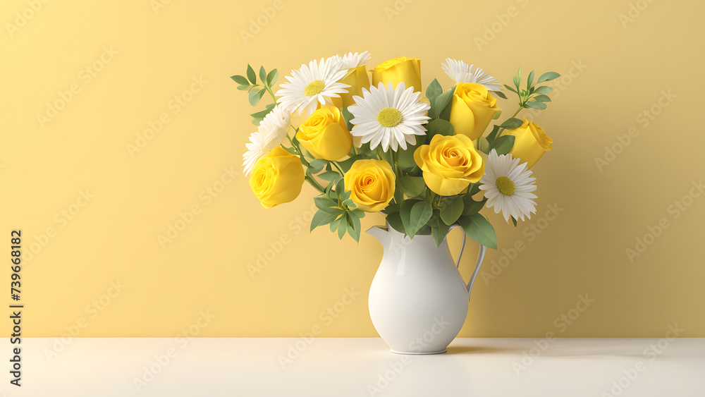3D Bouquet Flower in Yellow Porcelain Ceramic Vase on Pastel Background: Elegant Enhancement for Fashion, E-commerce, and Beauty Care Banners. 3D Bouquet Flower in Yellow Porcelain Ceramic Vase on Pastel Background: Elegant Enhancement for Fashion, E-commerce, and Beauty Care Banners.