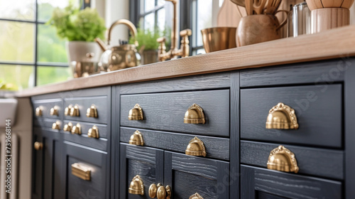 The perfect combination of antique gold cabinet handles and matte black doors adding a touch of elegance to a traditional kitchen renovation. photo
