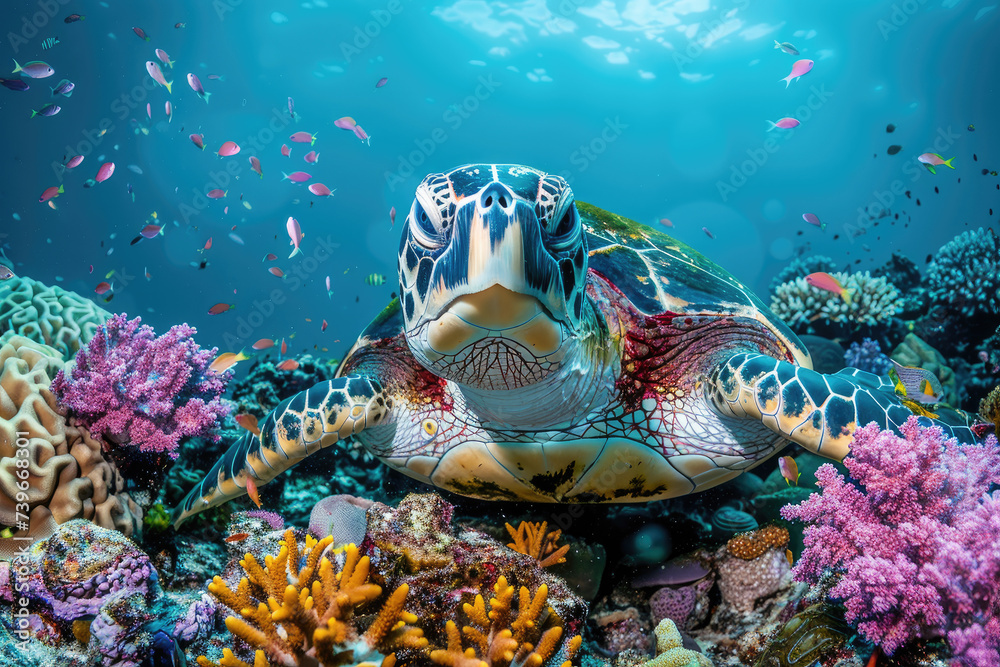 Colorful life on underwater coral reef with a sea turtle Stock Photo ...