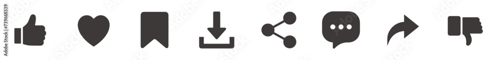 social media interface icon set in line style. like, unlike, comment, share, message, thumb and save simple vector designs. social media interface icon set in line style. like, unlike, comment, share, message, thumb and save simple vector designs.