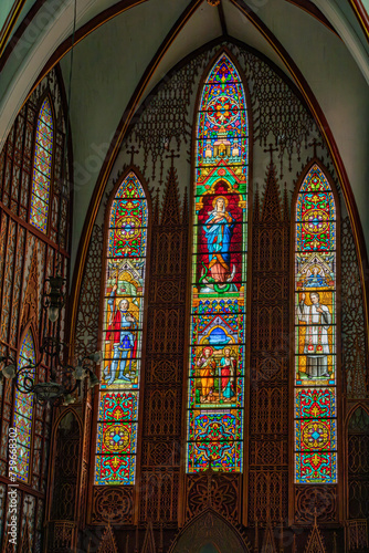 Stained glass windows in the interior of St. Joseph in Hanoi (consecrated on December 24, 1886), Vietnam