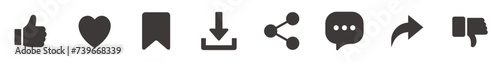 social media interface icon set in line style. like, unlike, comment, share, message, thumb and save simple vector designs.
